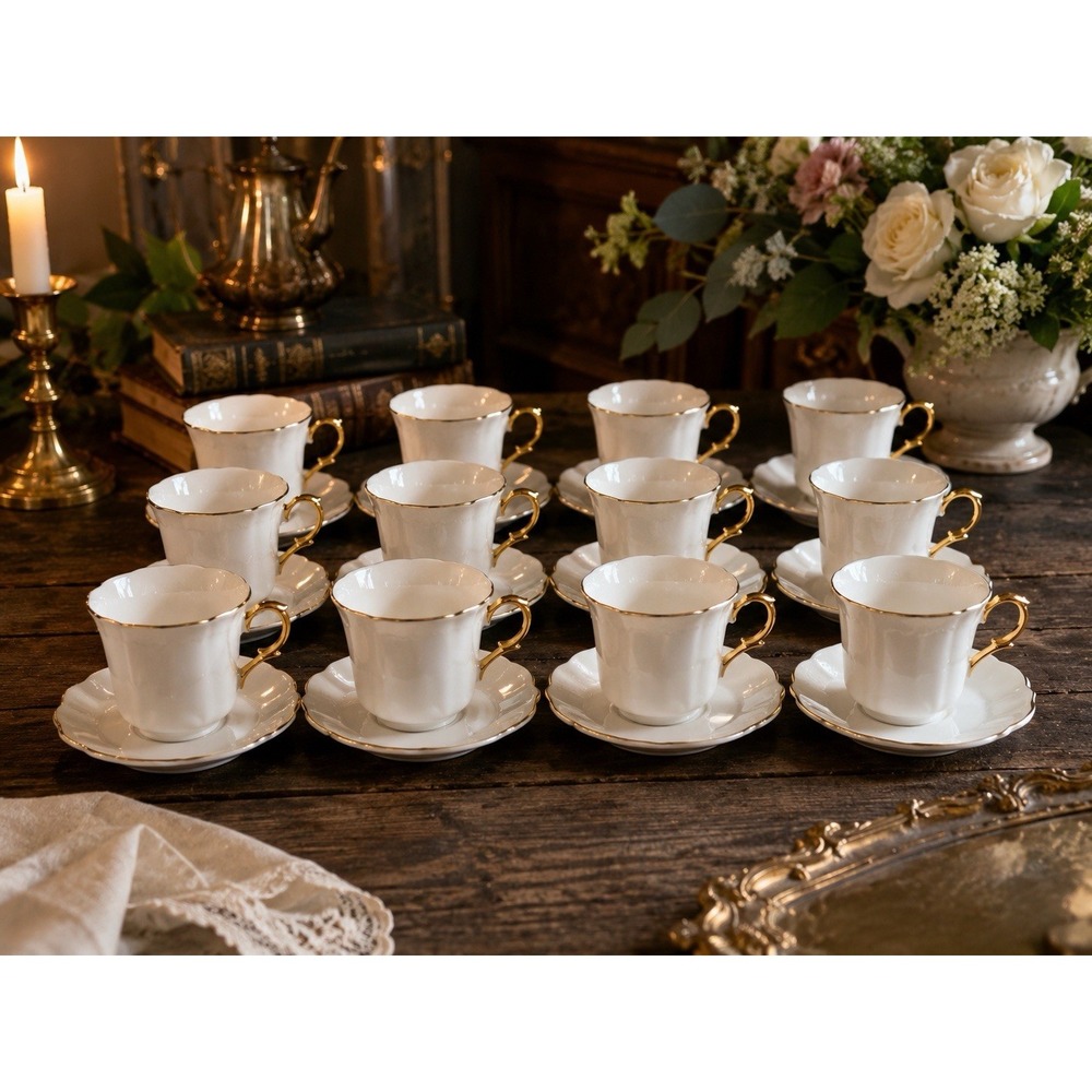 BTAT Brew To A Tea White Gold Demitasse Cups & Saucers Set of 12 Espresso